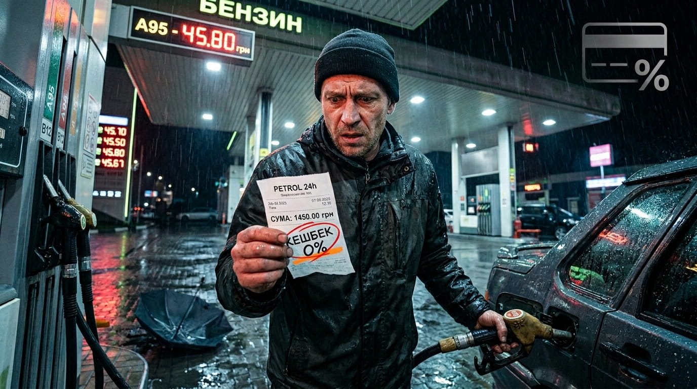Мужчина на ночной заправке под дождём с чеком и пистолетом – растерянность и раздражение от отсутствия кэшбэка за топливо.